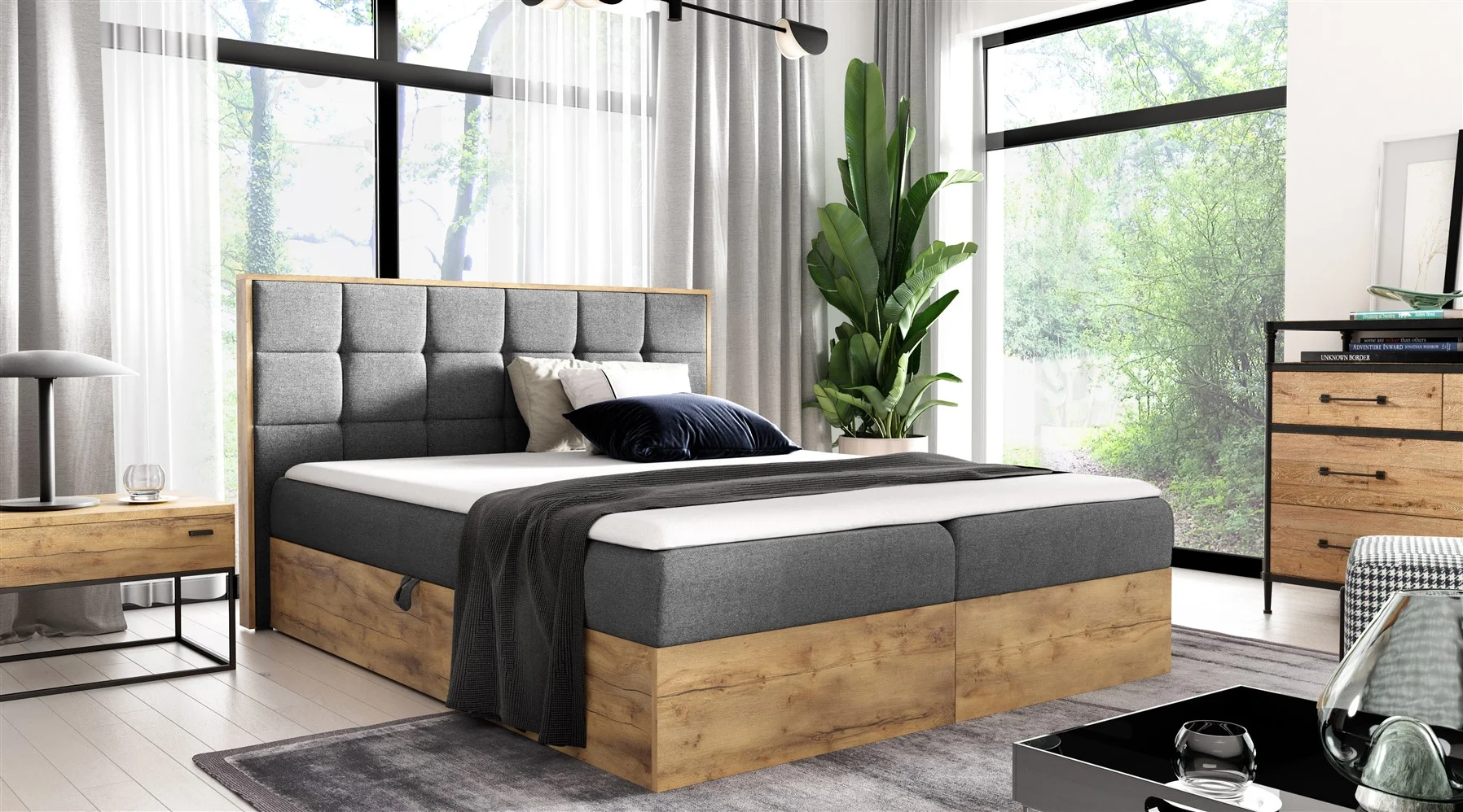 Boxspringbett Schlafzimmerbett KALYPSO 120x200cm Stoff Grau inkl. Bettkasten - Fun Moebel