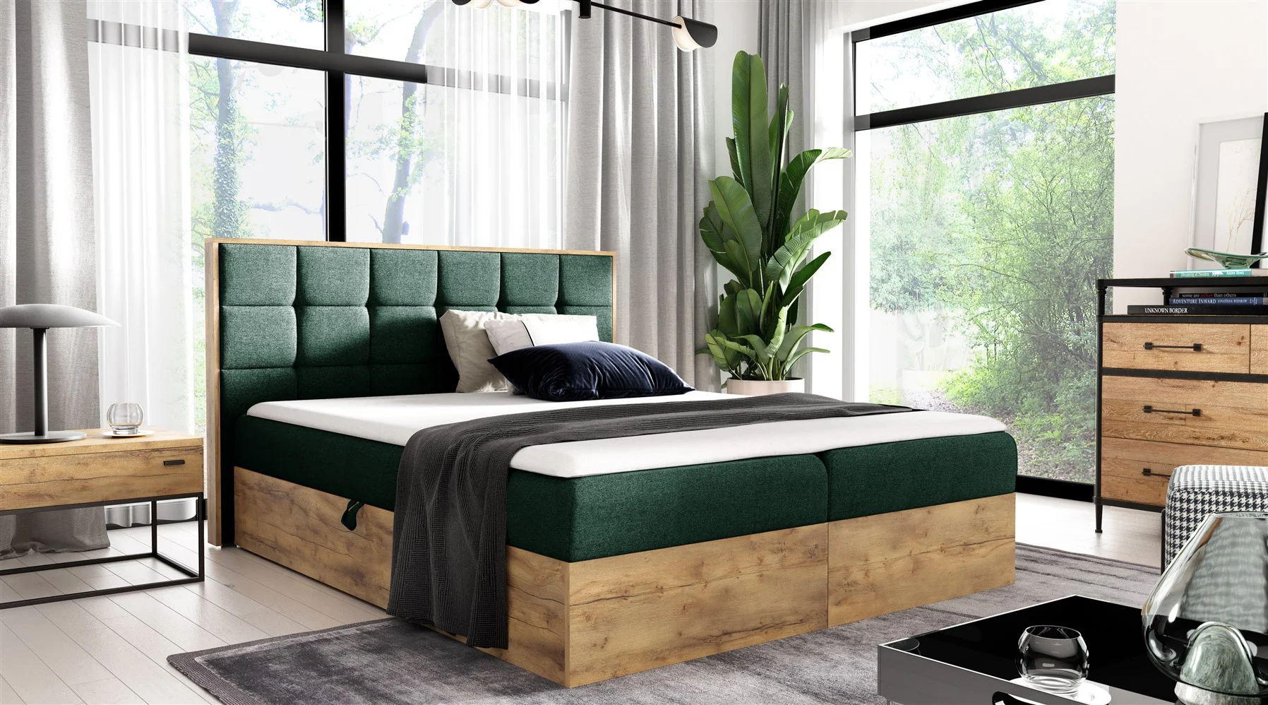 Boxspringbett Schlafzimmerbett KALYPSO 140x200cm Stoff Grün inkl. Bettkasten - Fun Moebel