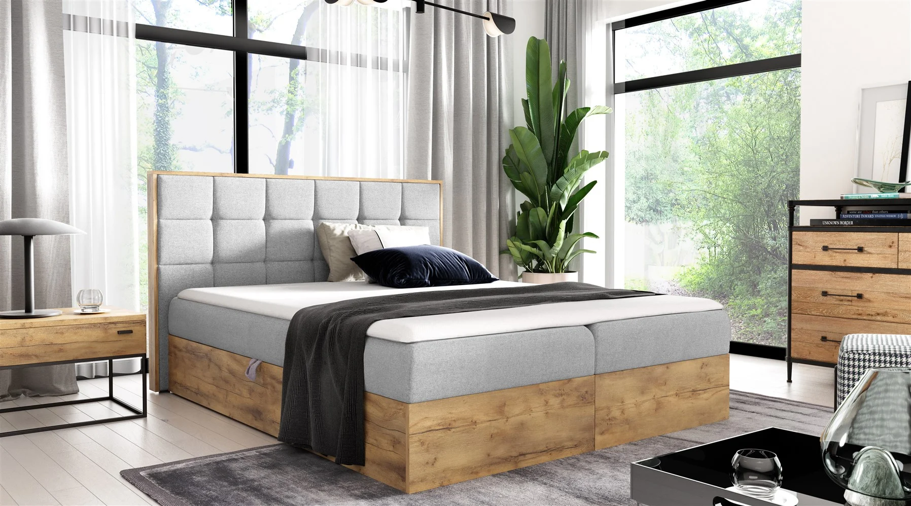 Boxspringbett Schlafzimmerbett KALYPSO 120x200cm Stoff Hellgrau inkl. Bettkasten - Fun Moebel