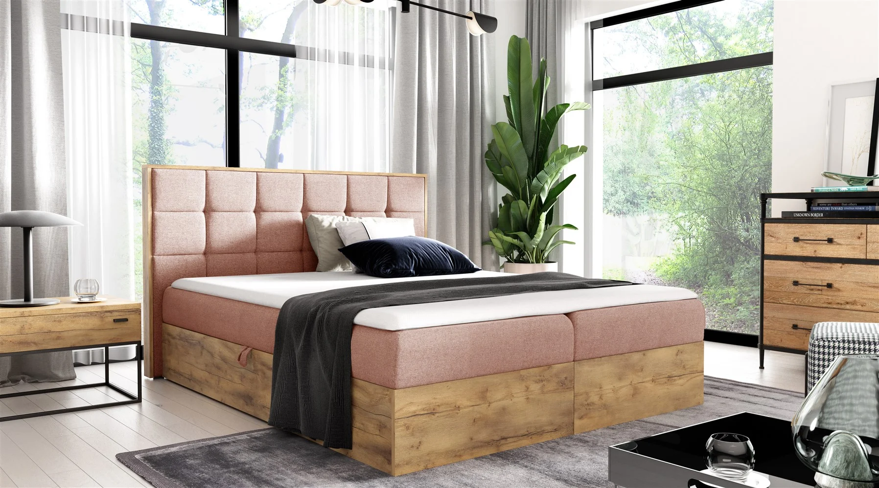 Boxspringbett Schlafzimmerbett KALYPSO 160x200cm Stoff Rose inkl. Bettkasten - Fun Moebel