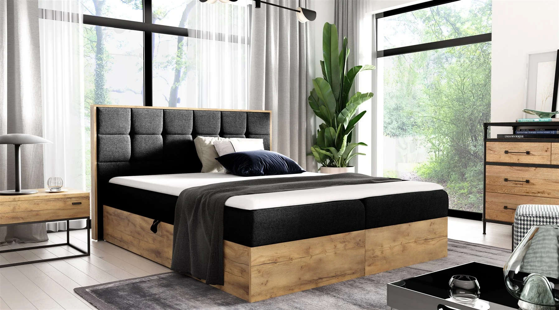 Boxspringbett Schlafzimmerbett KALYPSO 140x200cm Stoff Schwarz inkl. Bettkasten - Fun Moebel