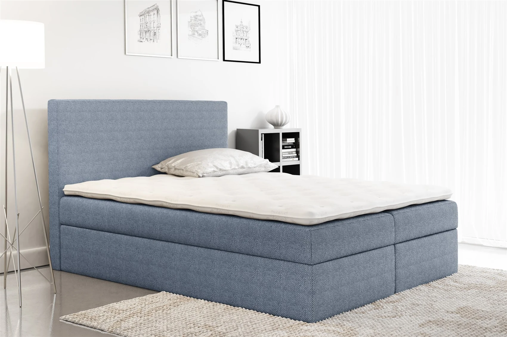 Boxspringbett Schlafzimmerbett KELIS Webstoff Hellblau 140x200cm - Fun Moebel
