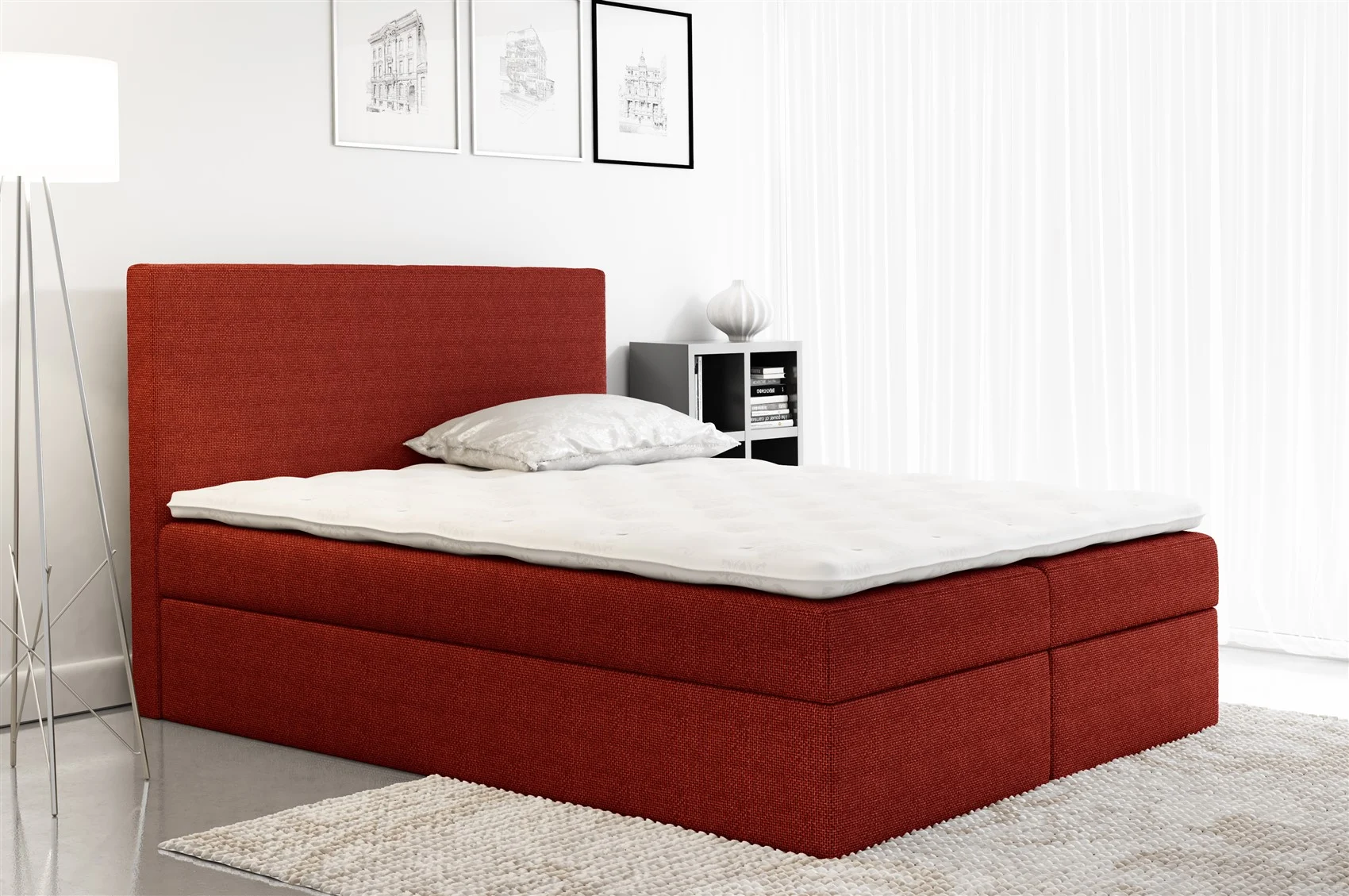 Boxspringbett Schlafzimmerbett KELIS Webstoff Rot 180x200cm - Fun Moebel