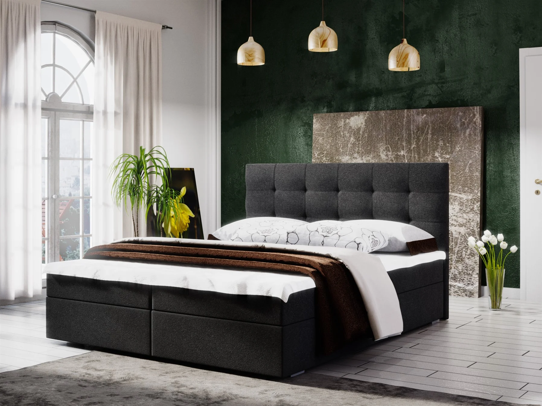 Boxspringbett Schlafzimmerbett KERLON 180x200cm Schwarz + Bettkasten - Fun Moebel
