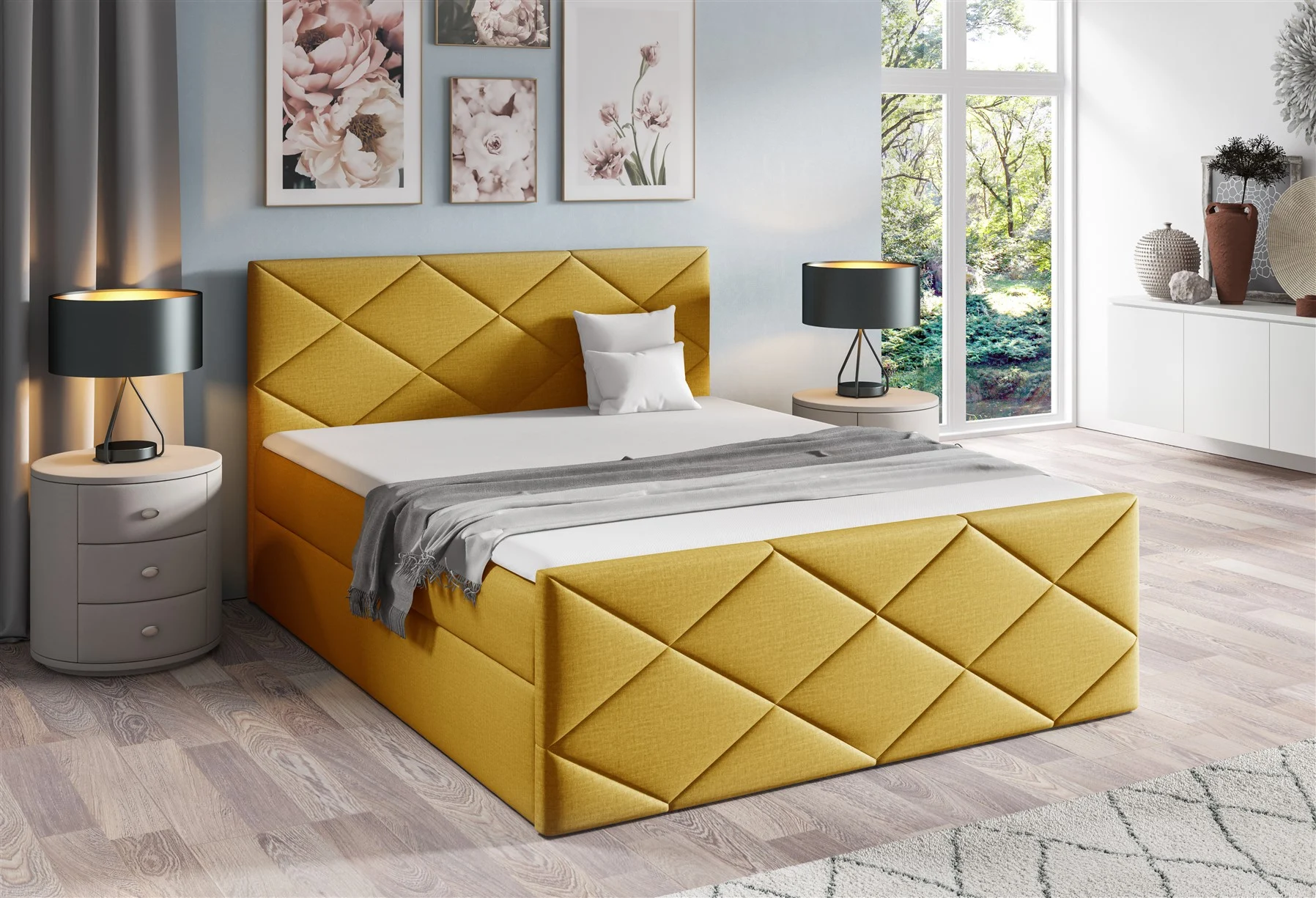 Boxspringbett Schlafzimmerbett KOSMOS 140x200cm Stoff Fancy Gelb - Fun Moebel