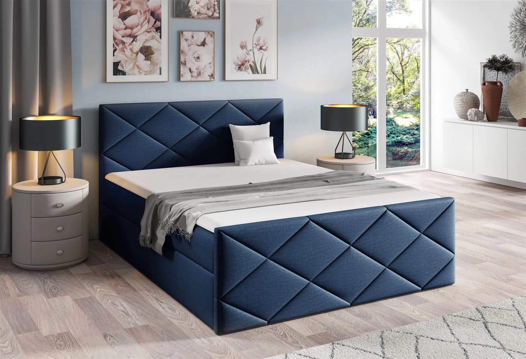 Boxspringbett Schlafzimmerbett KOSMOS 140x200cm Stoff Fancy Dunkelblau - Fun Moebel