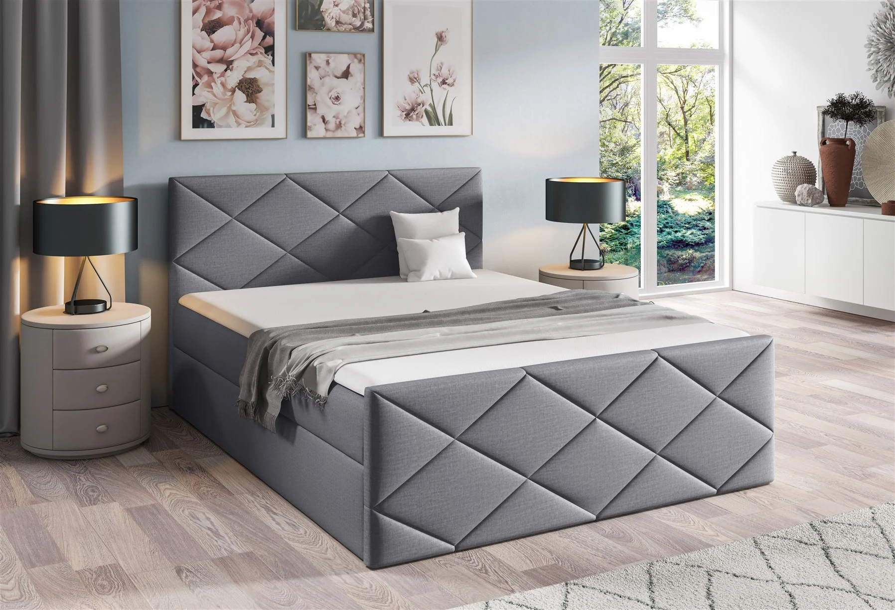 Boxspringbett Schlafzimmerbett KOSMOS 140x200cm Stoff Fancy Grau - Fun Moebel