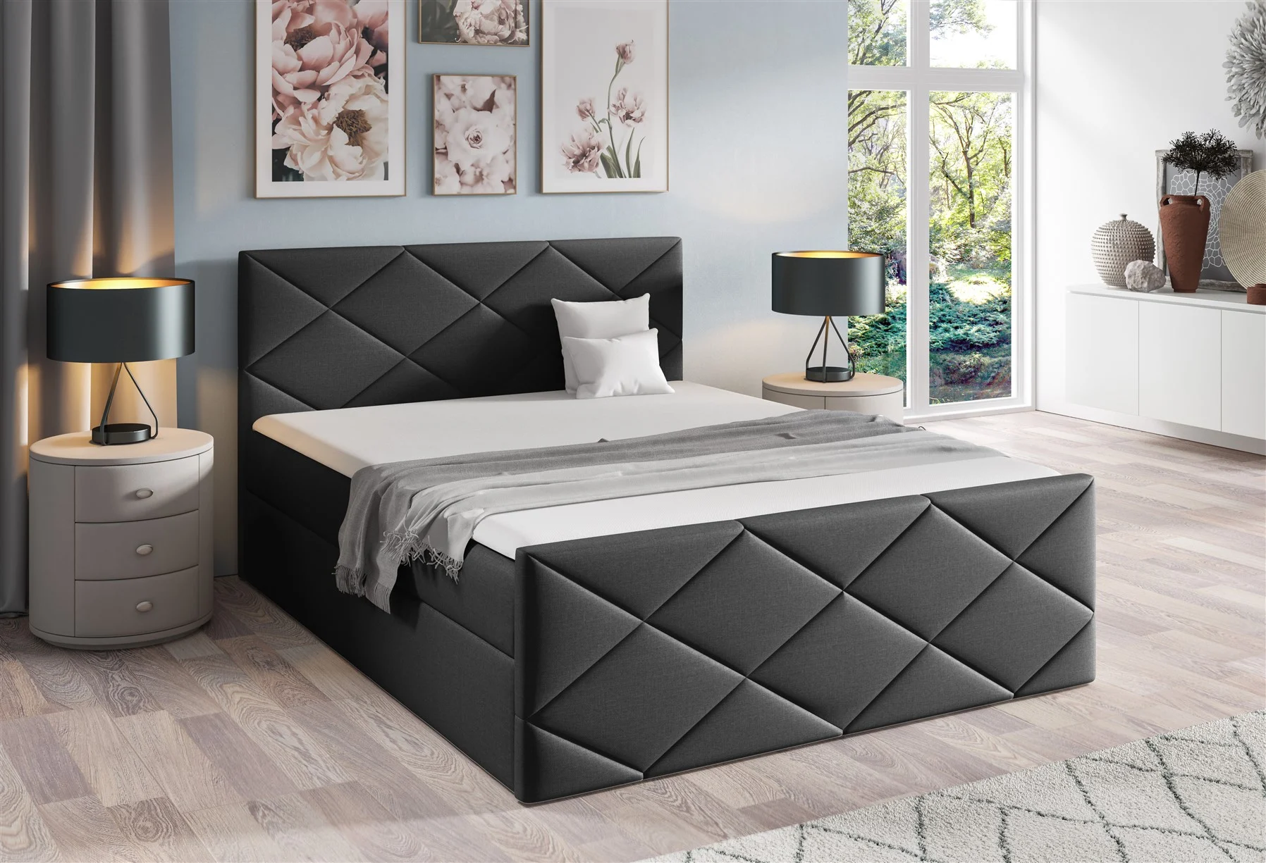 Boxspringbett Schlafzimmerbett KOSMOS 120x200cm Stoff Inari Schwarz - Fun Moebel