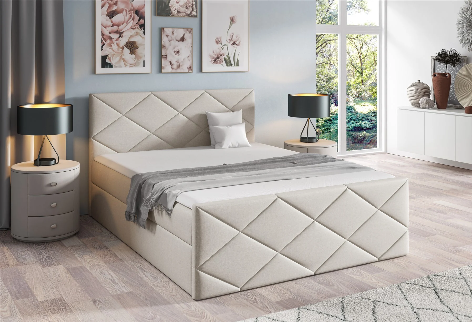 Boxspringbett Schlafzimmerbett KOSMOS 120x200cm Stoff Inari Beige - Fun Moebel
