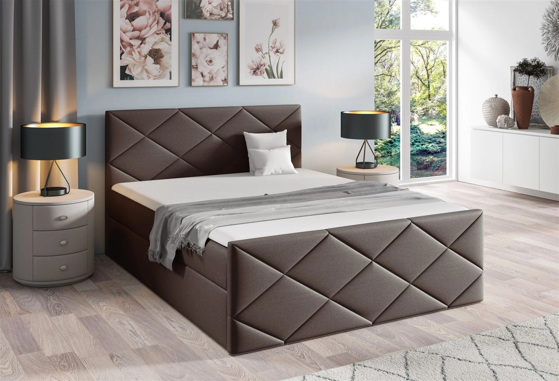 Boxspringbett Schlafzimmerbett KOSMOS 120x200cm Stoff Inari Braun - Fun Moebel