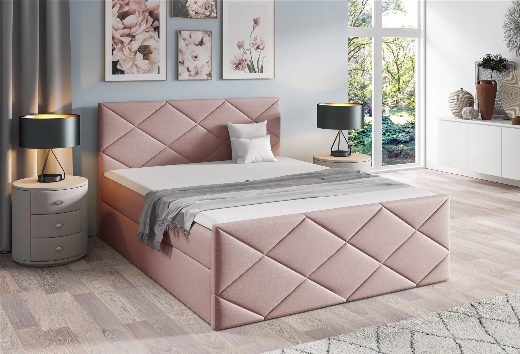 Boxspringbett Schlafzimmerbett KOSMOS 120x200cm Stoff Inari Rose - Fun Moebel