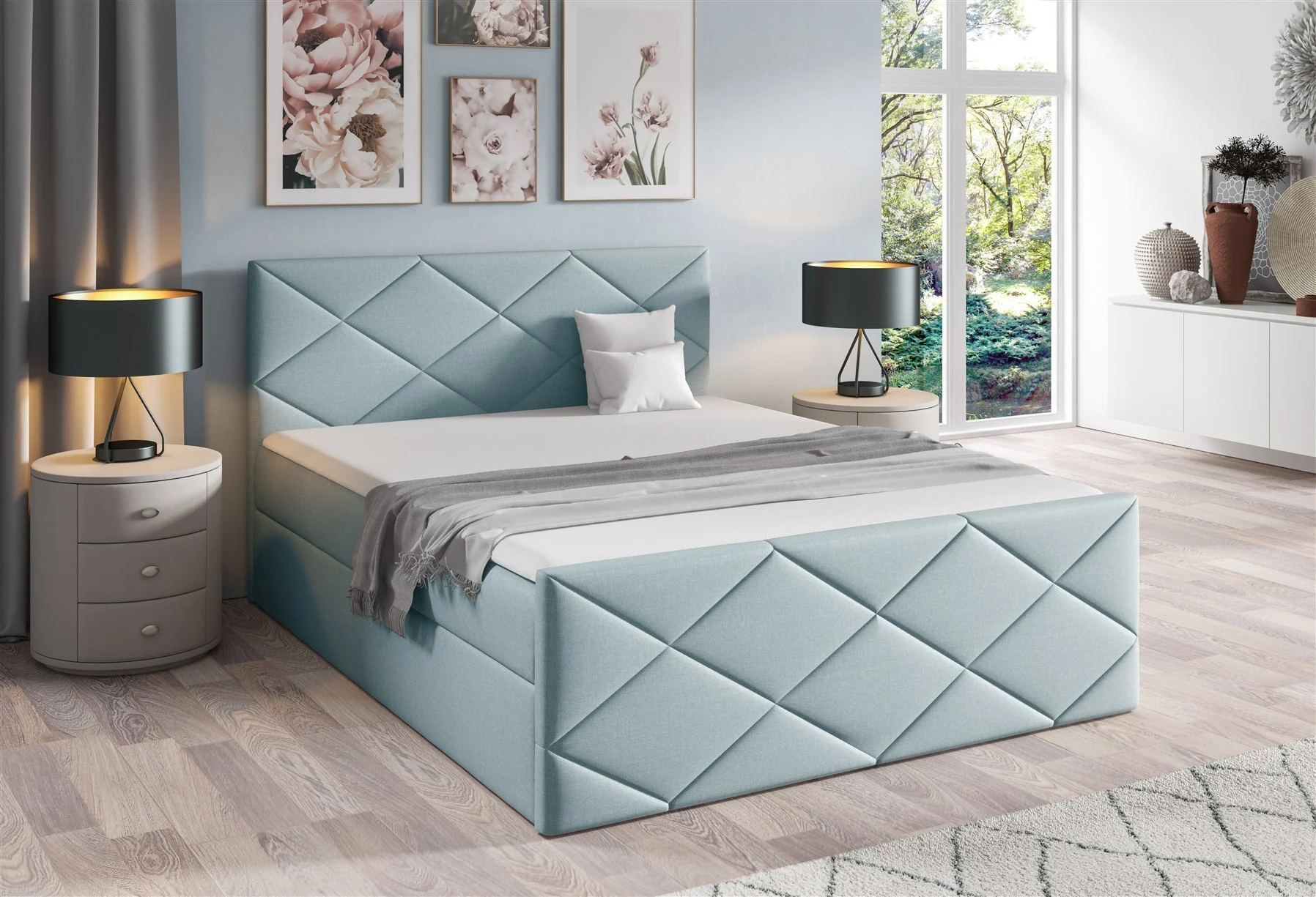 Boxspringbett Schlafzimmerbett KOSMOS 120x200cm Stoff Inari Hellblau - Fun Moebel