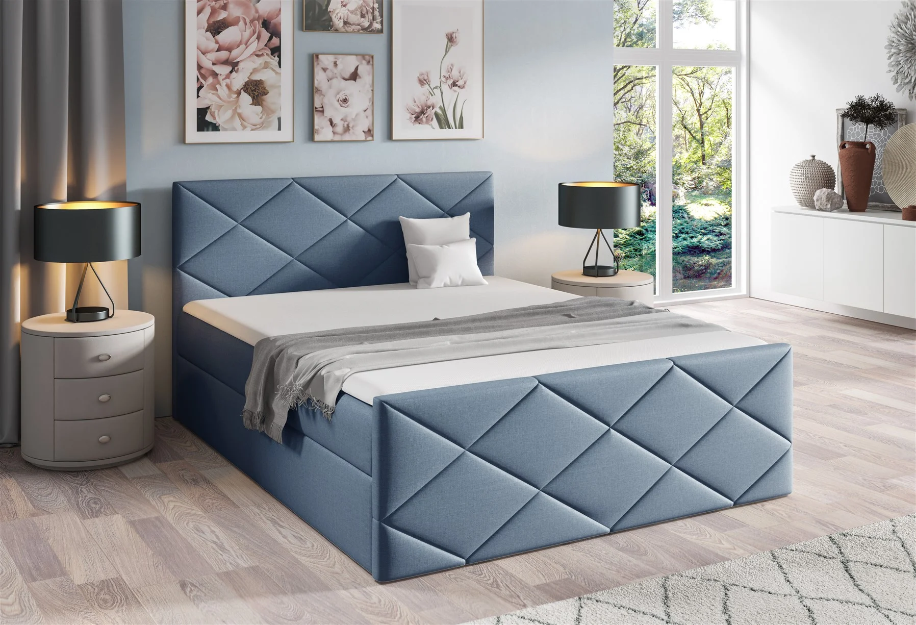 Boxspringbett Schlafzimmerbett KOSMOS 200x200cm Stoff Inari Blau - Fun Moebel