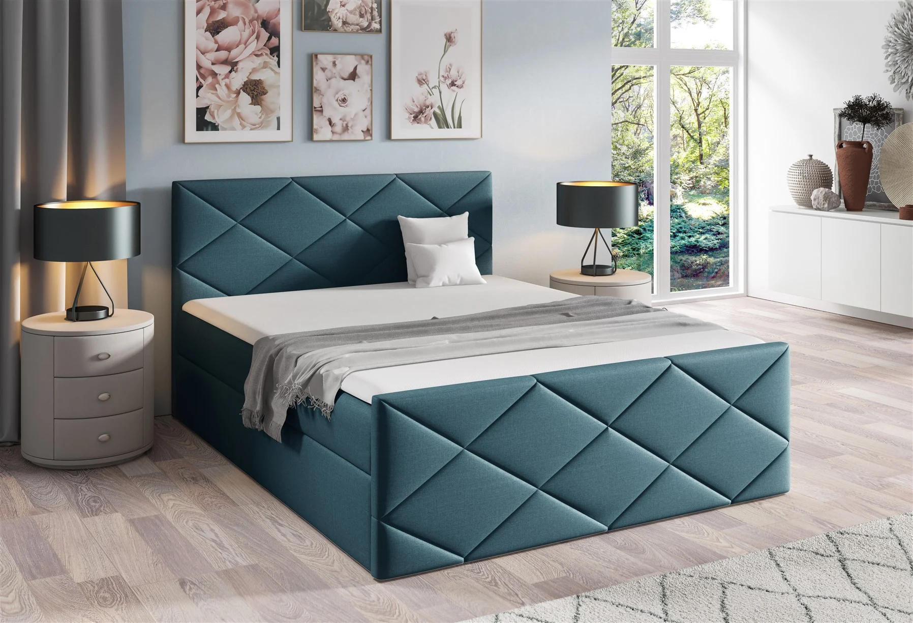 Boxspringbett Schlafzimmerbett KOSMOS 160x200cm Stoff Inari Petrol - Fun Moebel