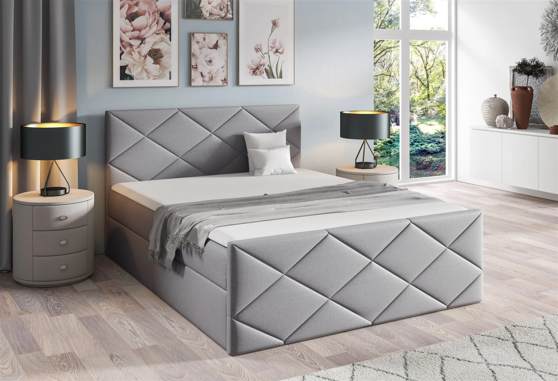 Boxspringbett Schlafzimmerbett KOSMOS 140x200cm Stoff Inari Hellgrau - Fun Moebel