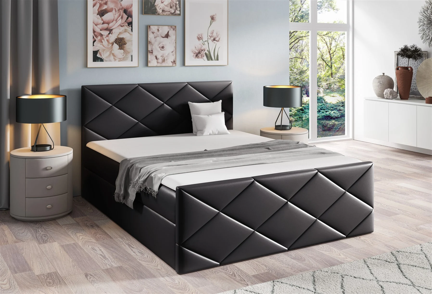 Boxspringbett Schlafzimmerbett KOSMOS 160x200cm Kunstleder Madryt Schwarz - Fun Moebel