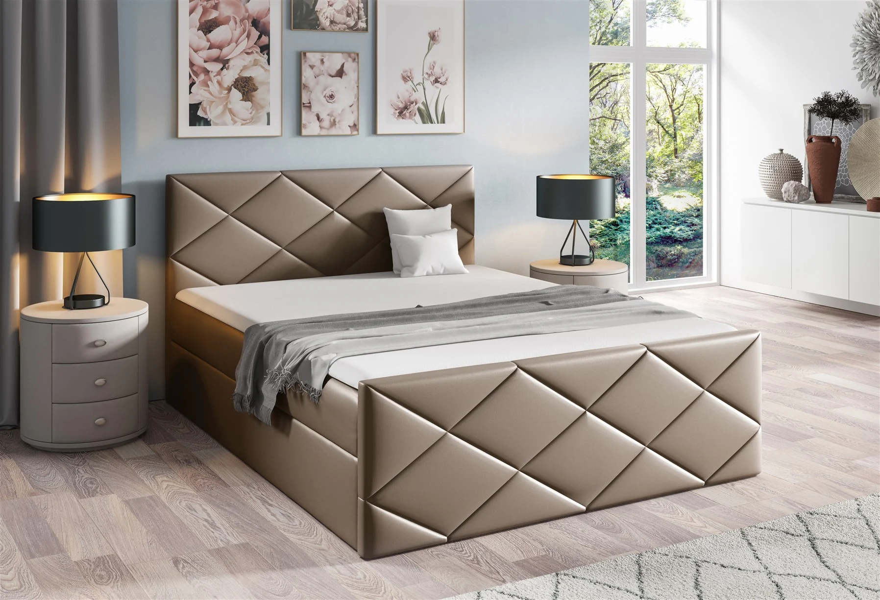 Boxspringbett Schlafzimmerbett KOSMOS 120x200cm Kunstleder Madryt Cappuccino - Fun Moebel