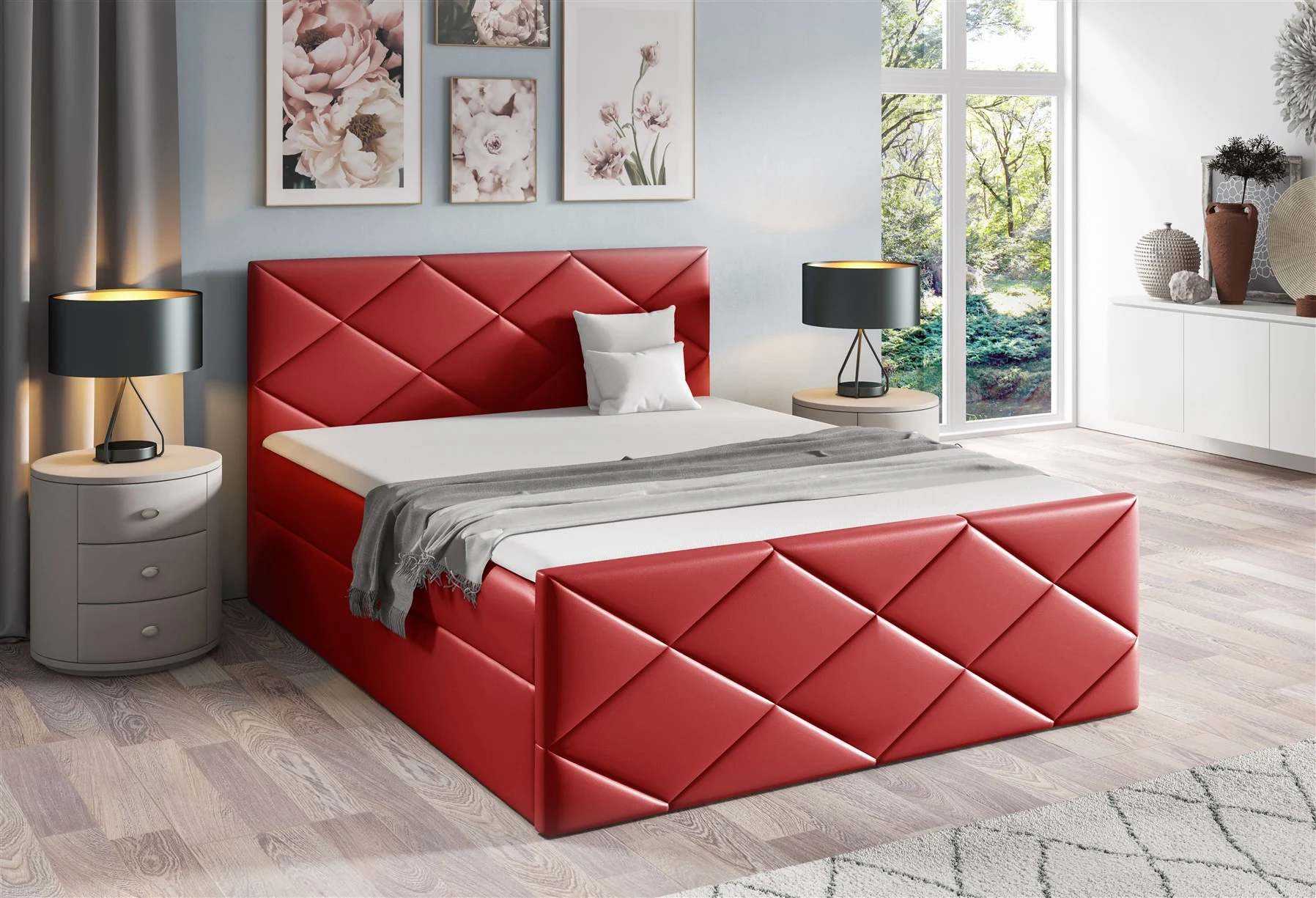 Boxspringbett Schlafzimmerbett KOSMOS 120x200cm Kunstleder Madryt Rot - Fun Moebel