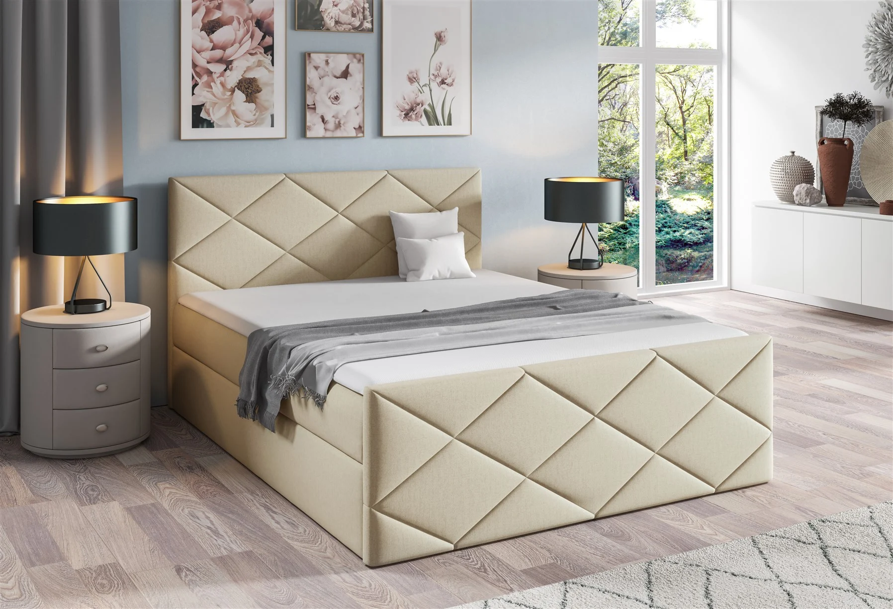Boxspringbett Schlafzimmerbett KOSMOS 140x200cm Stoff Monolith Champagner - Fun Moebel