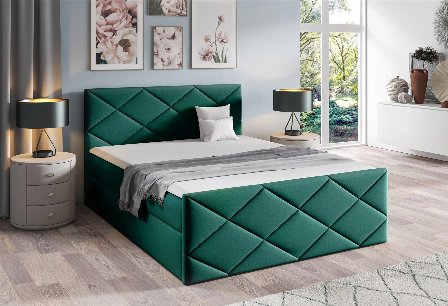 Boxspringbett Schlafzimmerbett KOSMOS 120x200cm Stoff Monolith Grün - Fun Moebel