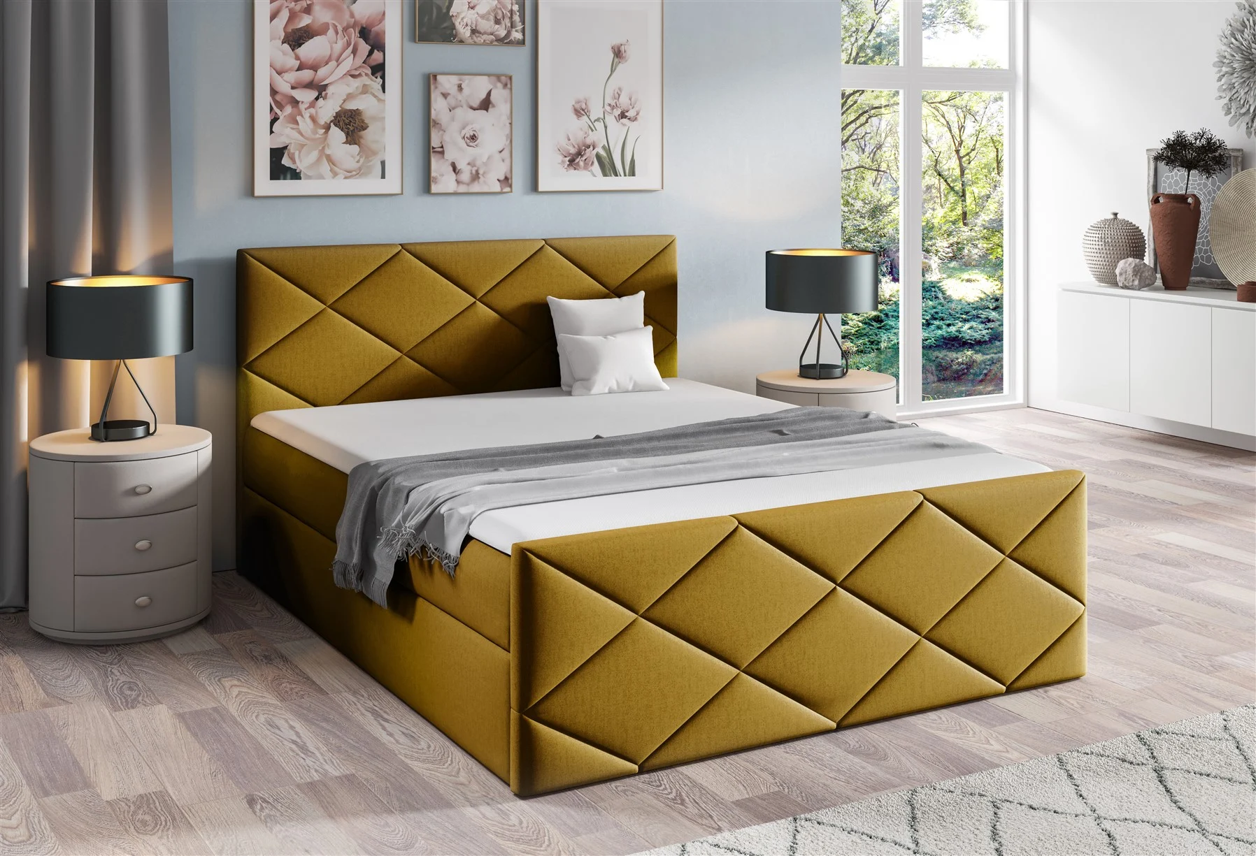 Boxspringbett Schlafzimmerbett KOSMOS 140x200cm Stoff Monolith Gelb - Fun Moebel