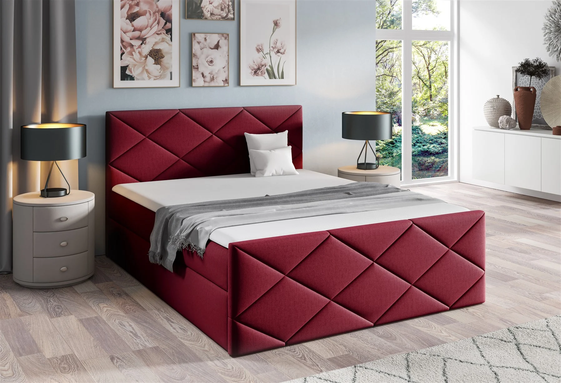 Boxspringbett Schlafzimmerbett KOSMOS 120x200cm Stoff Monolith Rot - Fun Moebel
