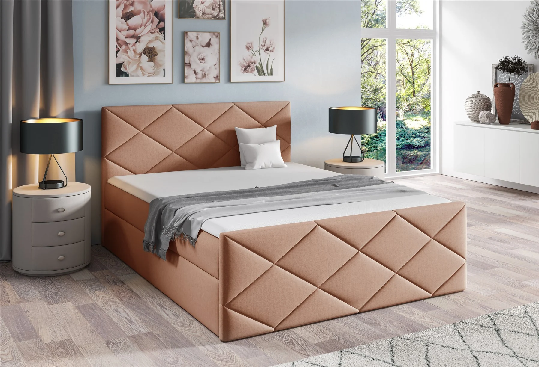 Boxspringbett Schlafzimmerbett KOSMOS 140x200cm Stoff Monolith Apricot - Fun Moebel