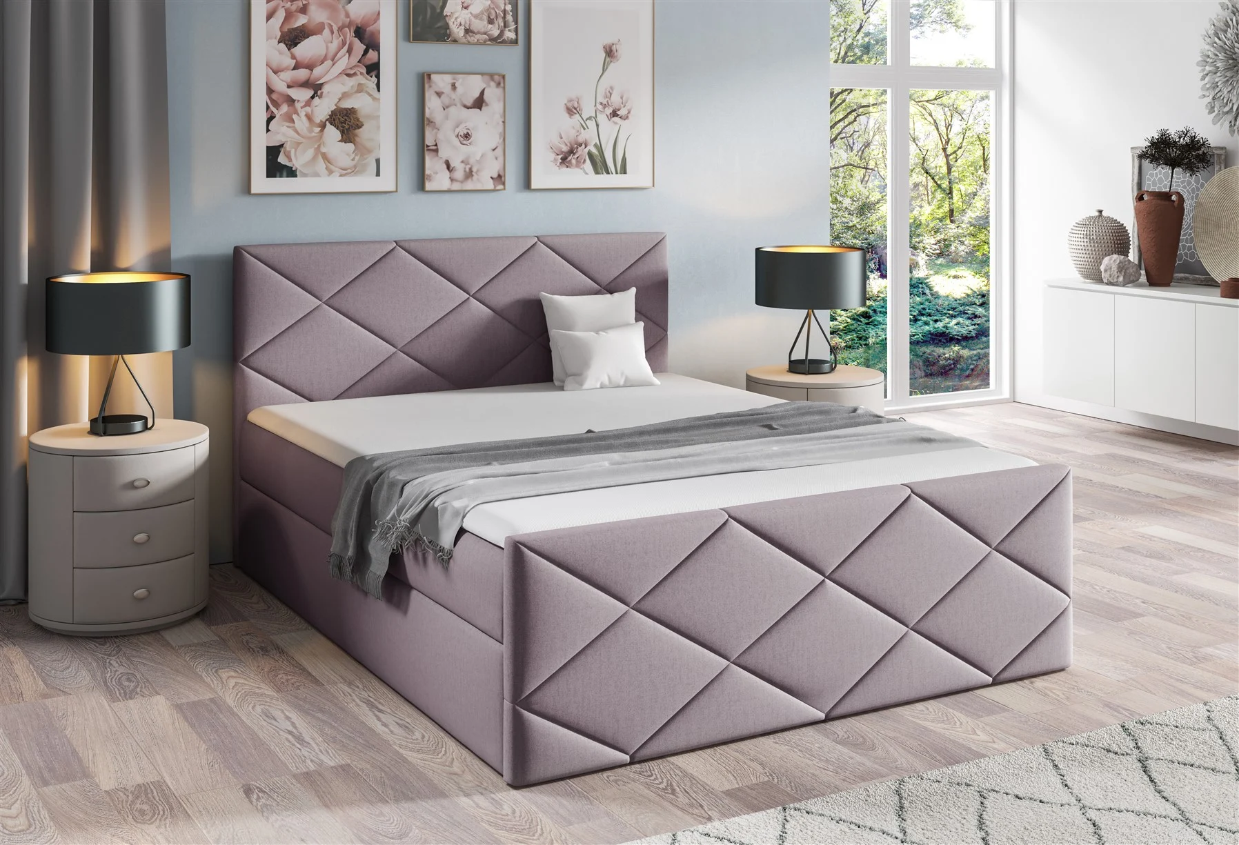 Boxspringbett Schlafzimmerbett KOSMOS 120x200cm Stoff Monolith Lavendel - Fun Moebel