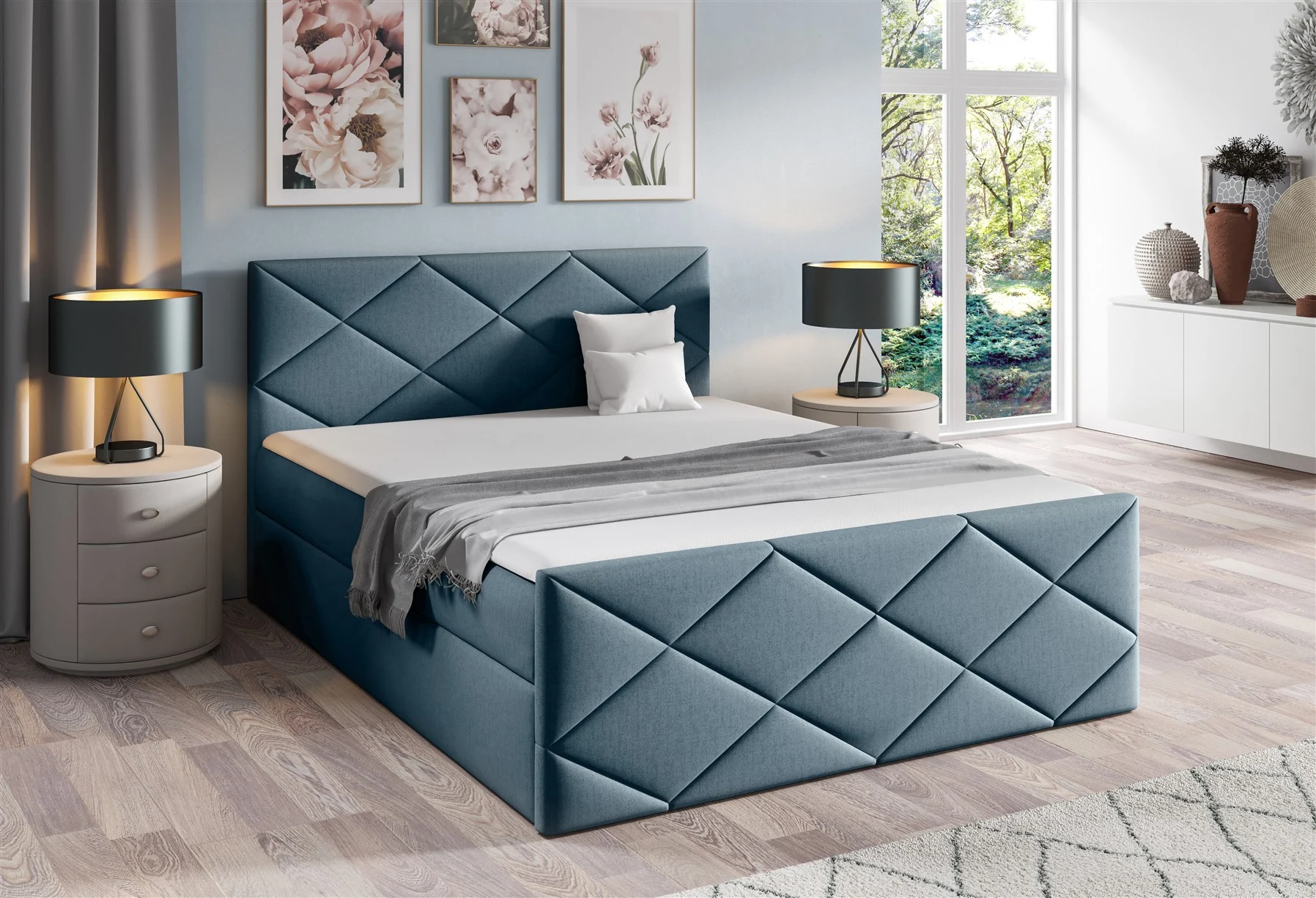 Boxspringbett Schlafzimmerbett KOSMOS 140x200cm Stoff Monolith Blaugrau - Fun Moebel