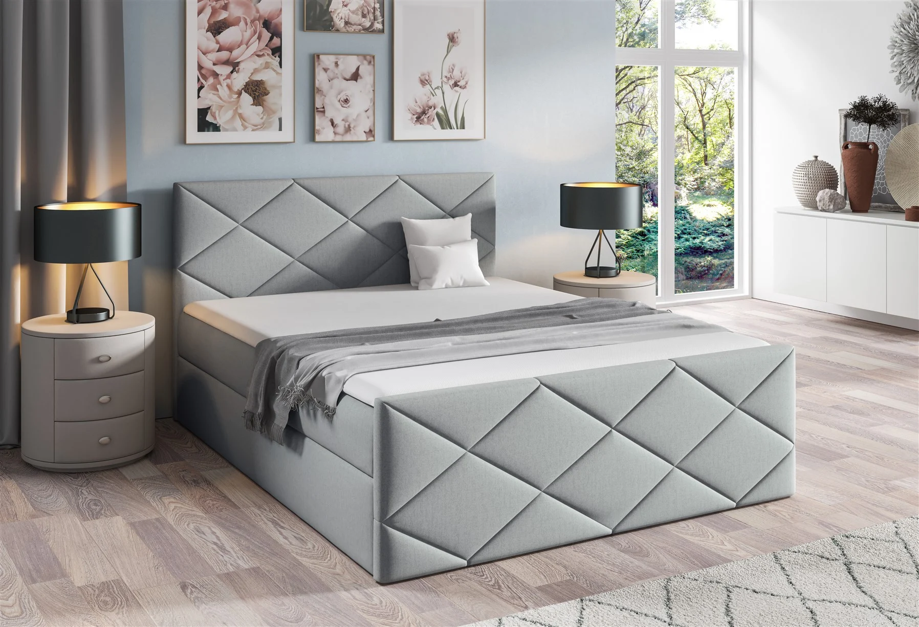 Boxspringbett Schlafzimmerbett KOSMOS 180x200cm Stoff Monolith Hellgrau - Fun Moebel