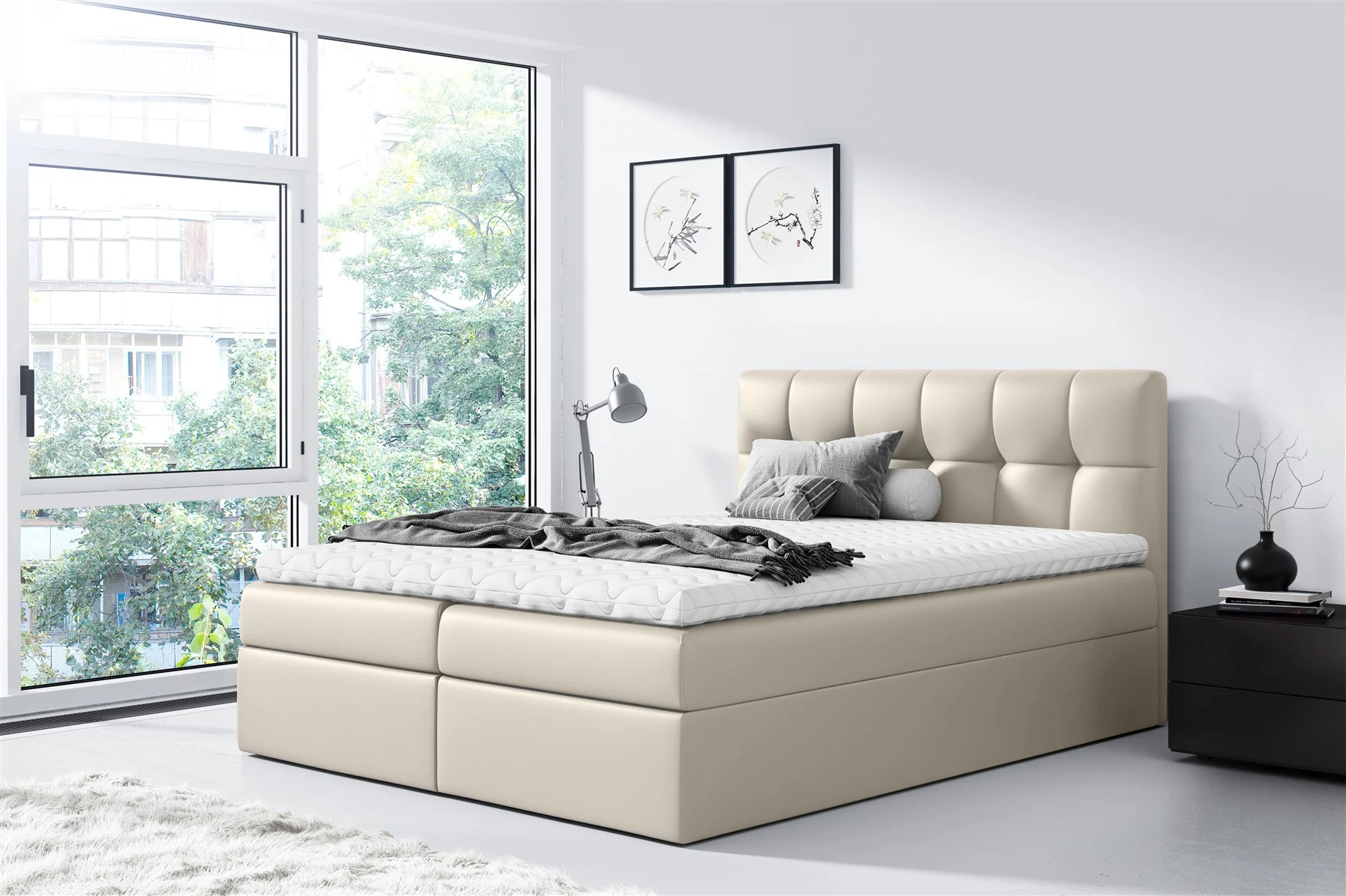 Boxspringbett Schlafzimmerbett CARMEN 120x200cm Kunstleder Beige - Fun Moebel