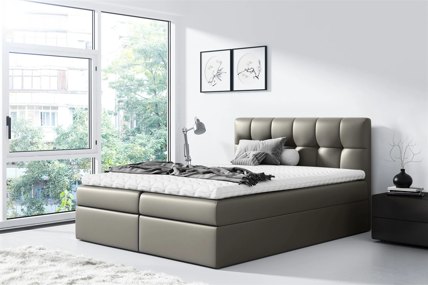 Boxspringbett Schlafzimmerbett CARMEN 120x200cm Kunstleder Grau - Fun Moebel