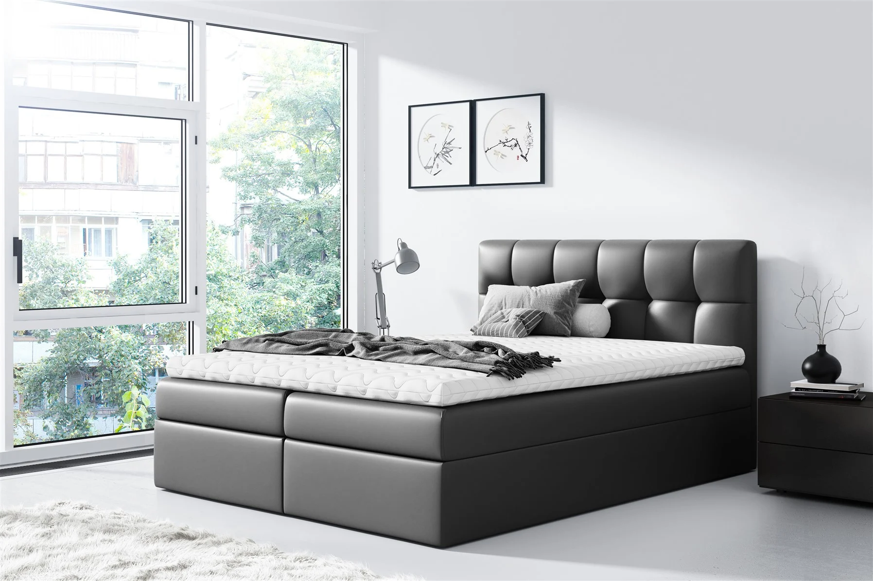Boxspringbett Schlafzimmerbett CARMEN 120x200cm Kunstleder Schwarz - Fun Moebel