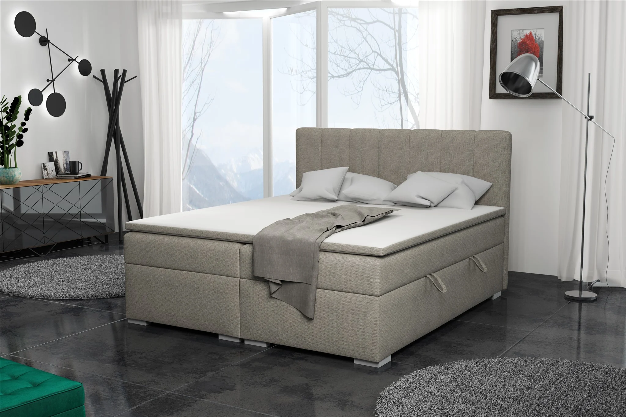 Boxspringbett Schlafzimmerbett LAURIN 140x200cm Stoff Aragon Cappuccino - Fun Moebel