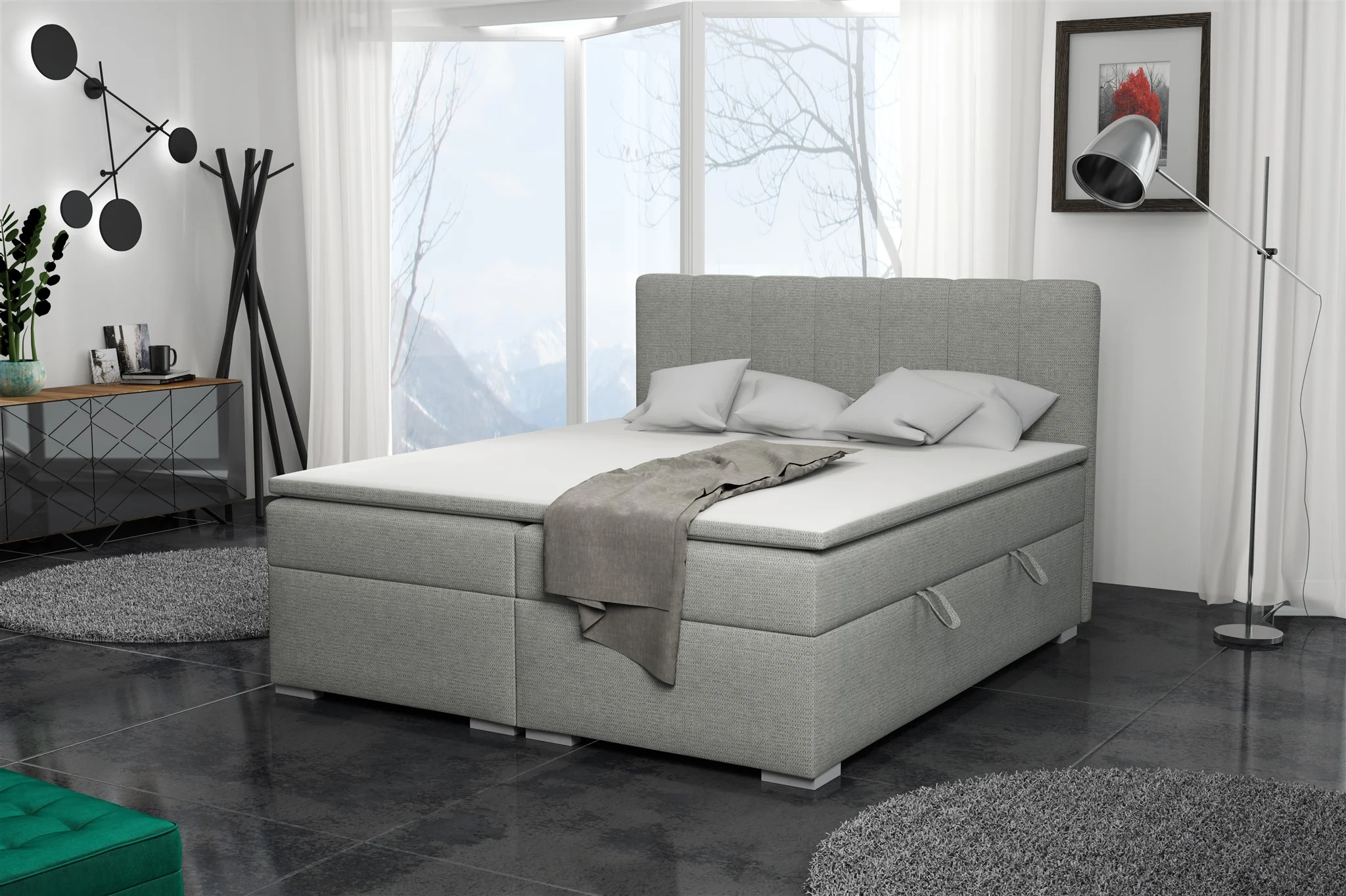 Boxspringbett Schlafzimmerbett LAURIN 160x200cm Stoff Aragon Hellgrau - Fun Moebel