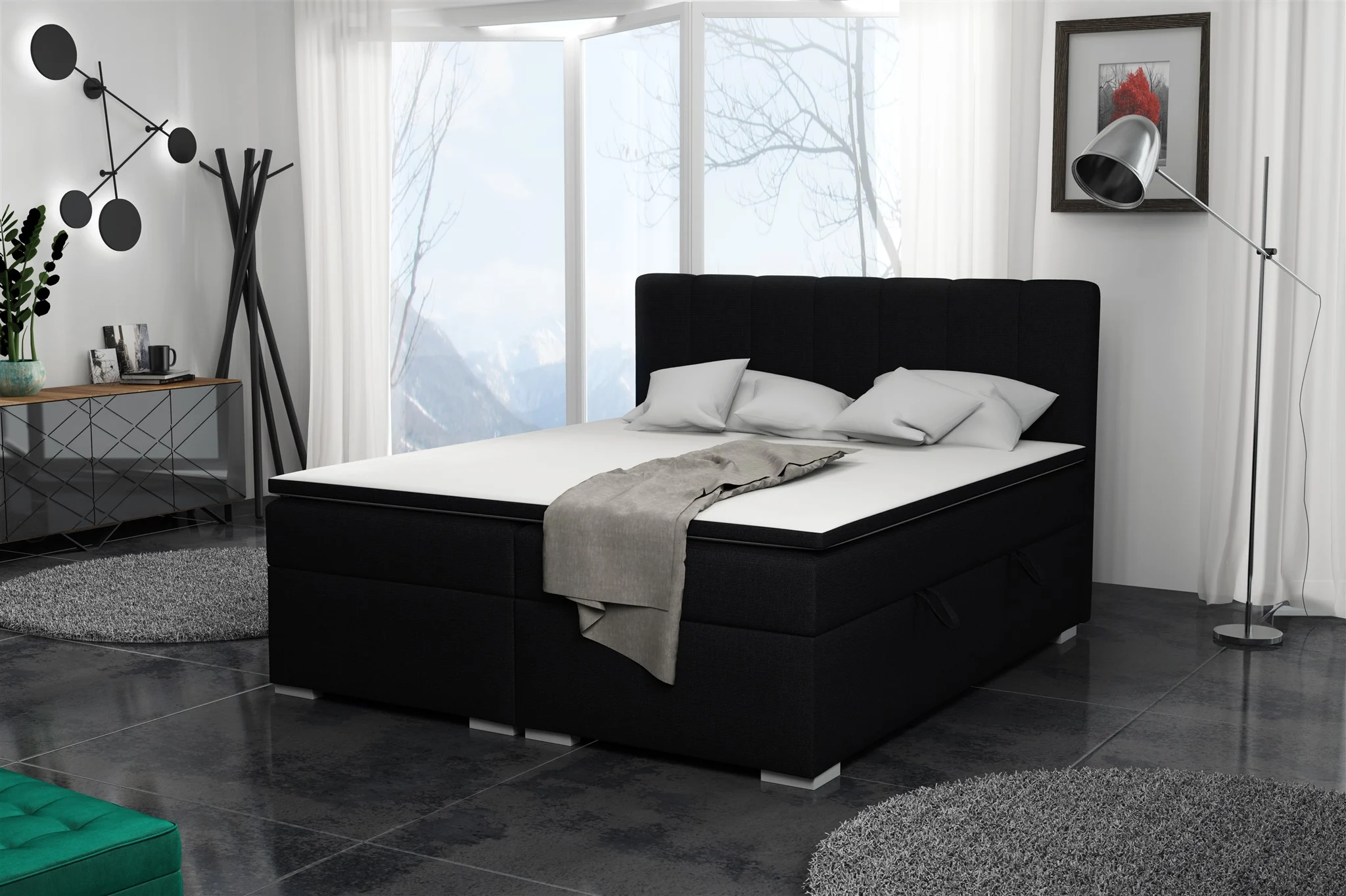 Boxspringbett Schlafzimmerbett LAURIN 140x200cm Stoff Inari Schwarz - Fun Moebel