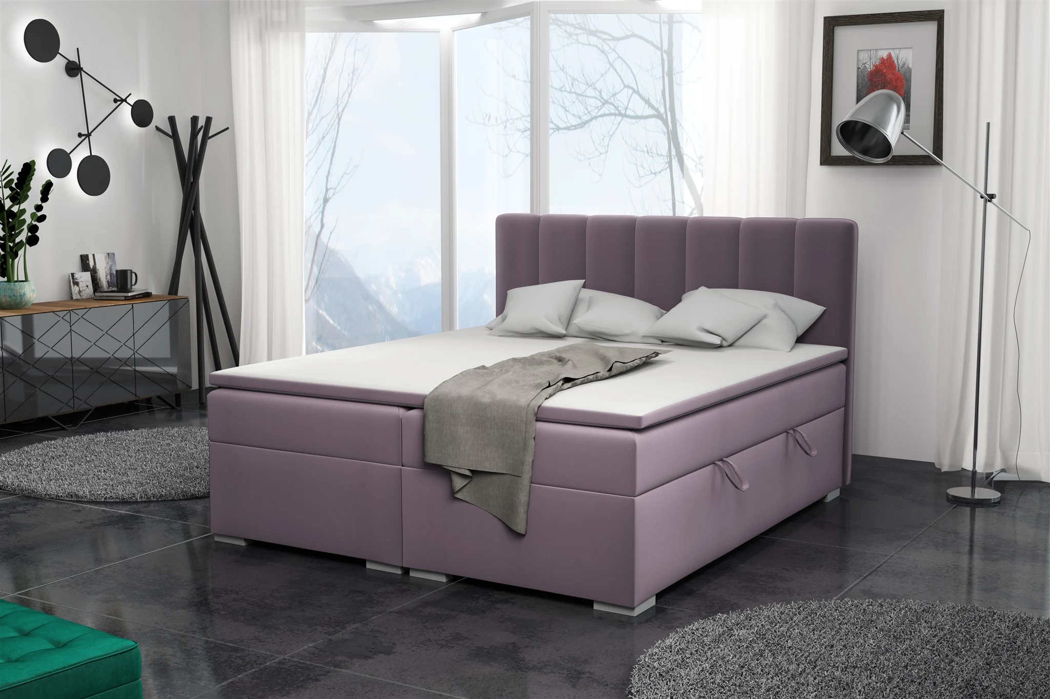 Boxspringbett Schlafzimmerbett LAURIN 140x200cm Stoff Jasmine Flieder - Fun Moebel