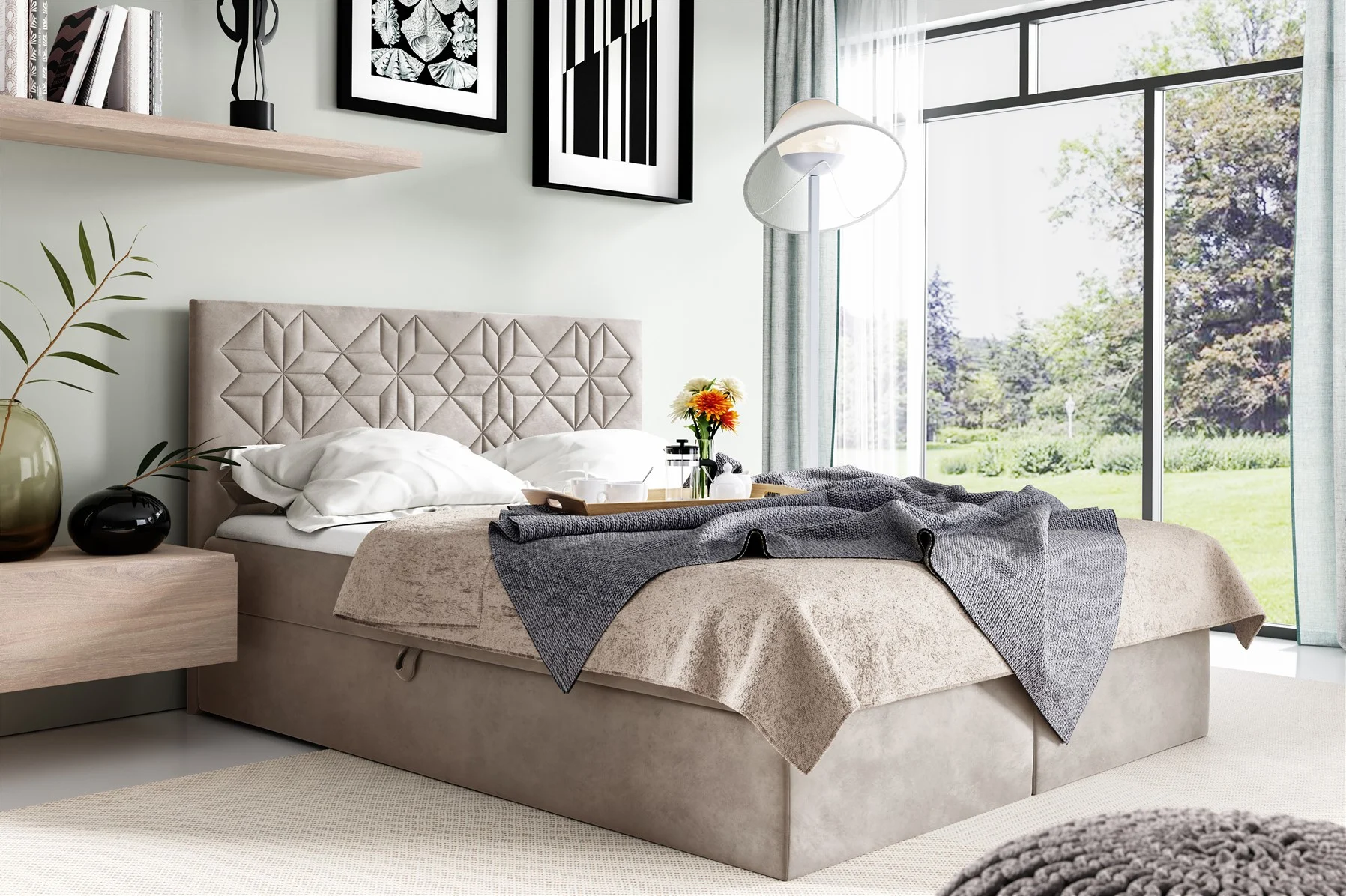 Boxspringbett Schlafzimmerbett 120x200cm LAZARO Nr.1 Ecru inkl. Bettkasten - Fun Moebel