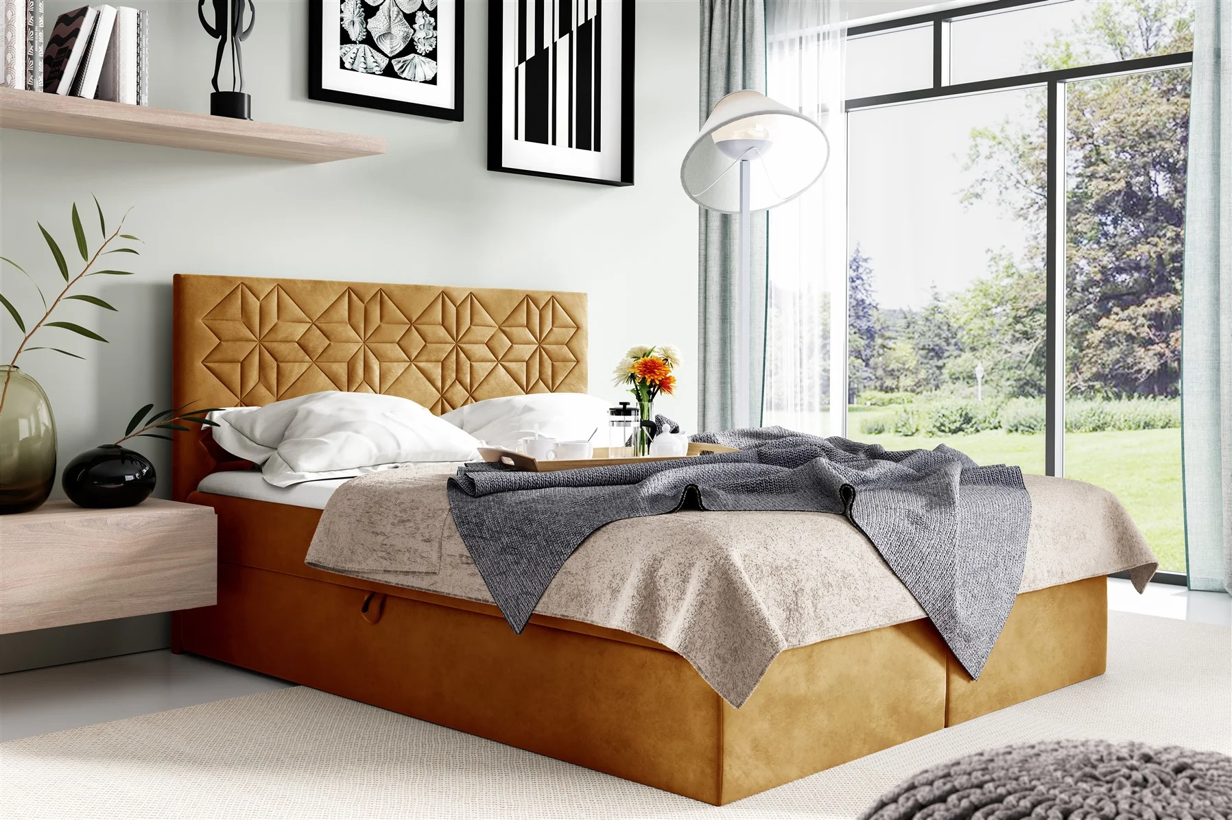Boxspringbett Schlafzimmerbett 120x200cm LAZARO Nr.1 Gelb inkl. Bettkasten - Fun Moebel