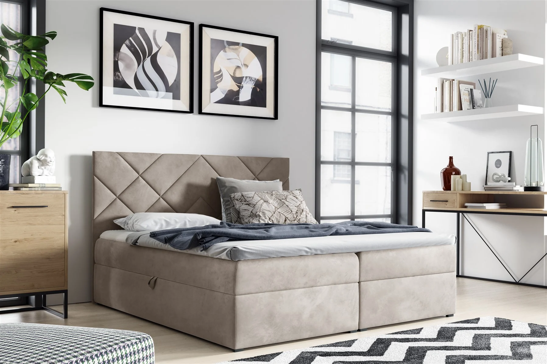Boxspringbett Schlafzimmerbett 120x200cm LAZARO Nr.3 Ecru inkl. Bettkasten - Fun Moebel