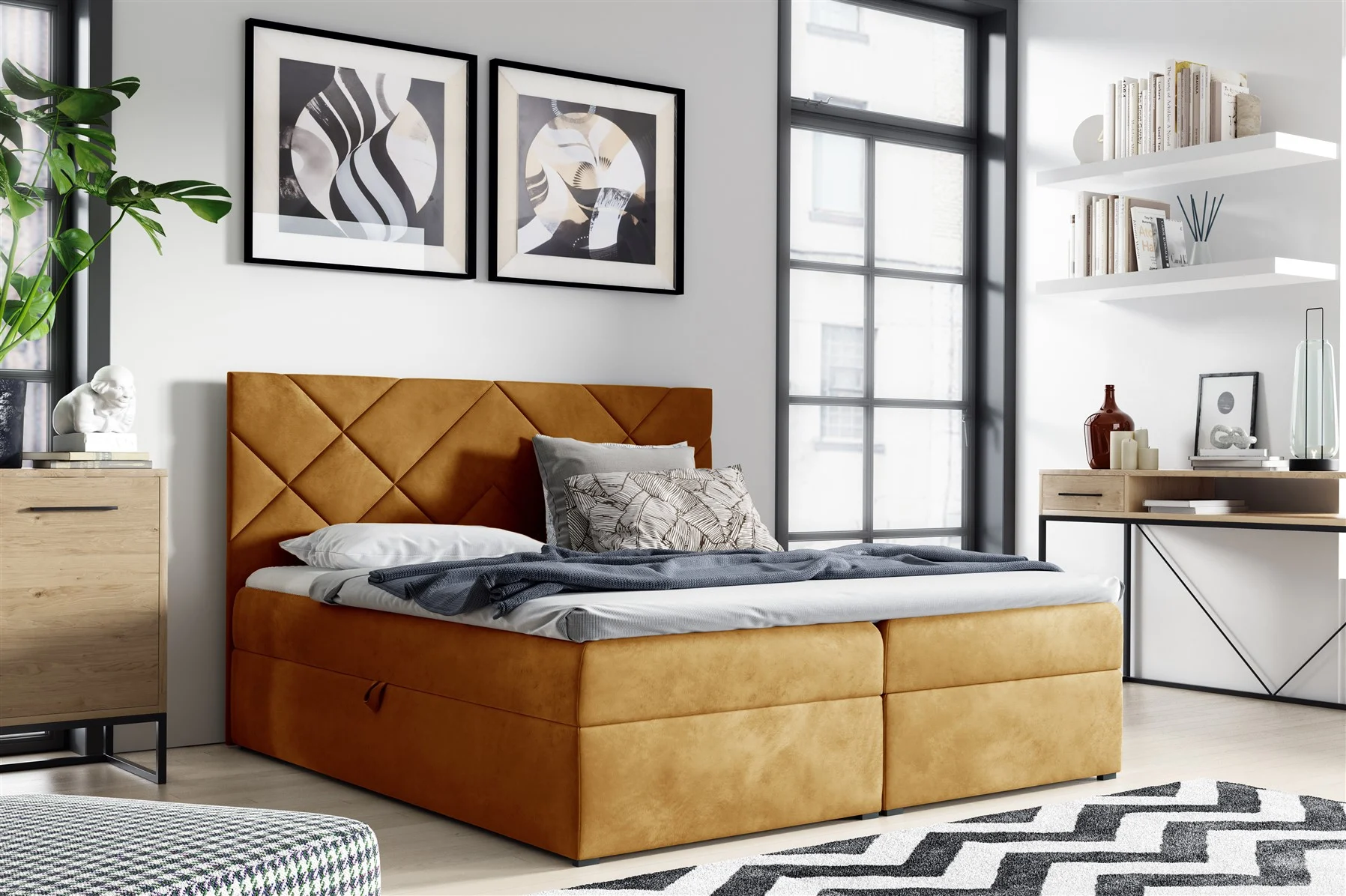 Boxspringbett Schlafzimmerbett 160x200cm LAZARO Nr.3 Gelb inkl. Bettkasten - Fun Moebel