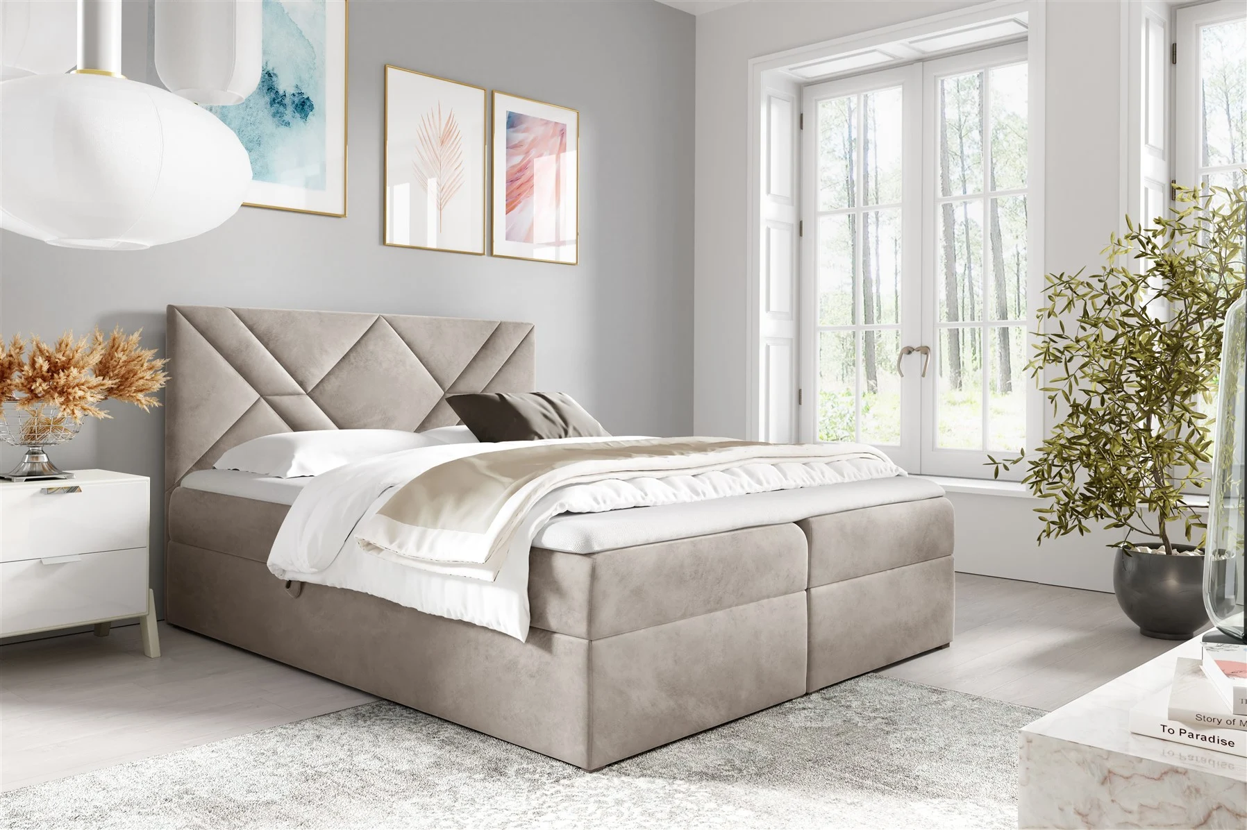Boxspringbett Schlafzimmerbett 120x200cm LAZARO Nr.6 Ecru inkl. Bettkasten - Fun Moebel
