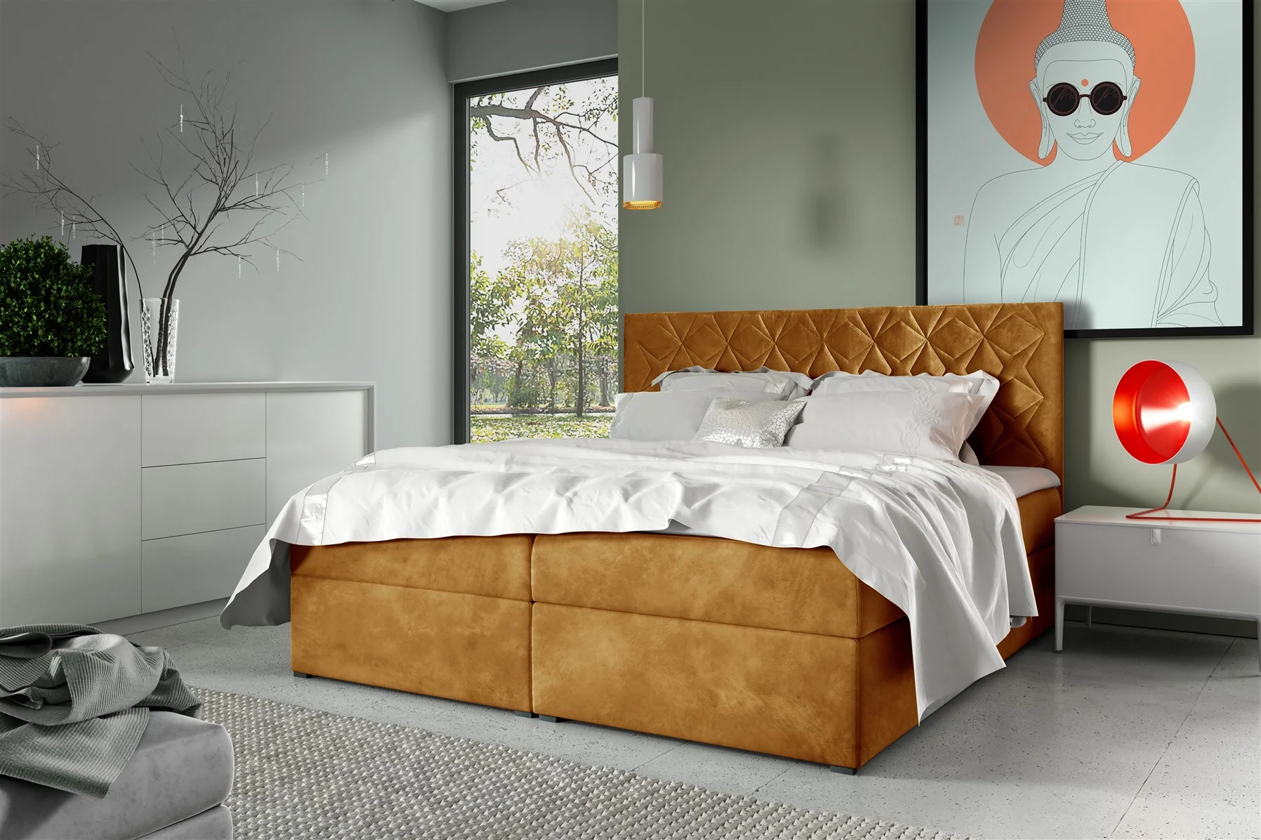 Boxspringbett Schlafzimmerbett 140x200cm LAZARO Nr.7 Gelb inkl. Bettkasten - Fun Moebel