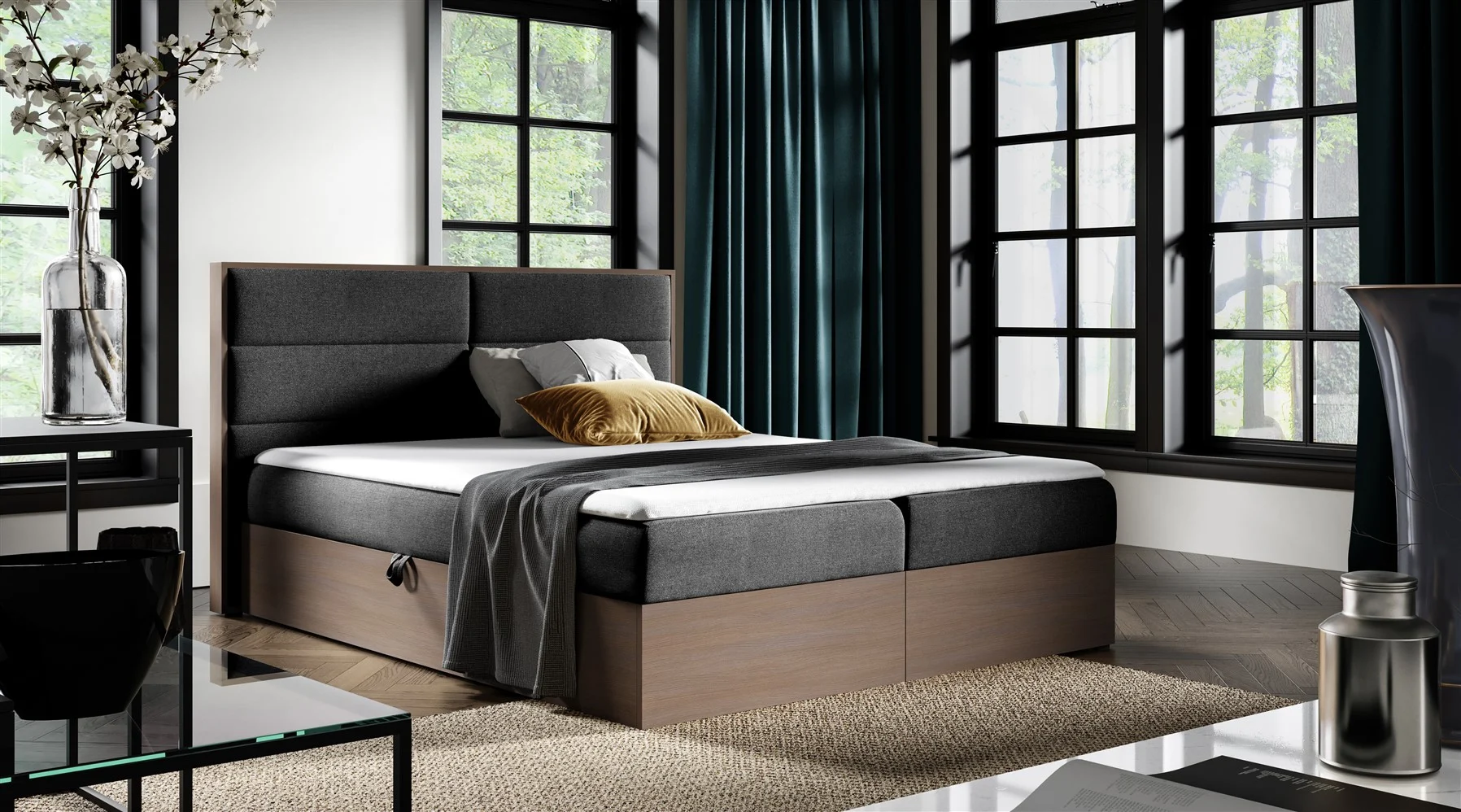 Boxspringbett Bett LAMBROS 120x200cm Dunkel Eiche Stoff Schwarz inkl. Bettkasten - Fun Moebel