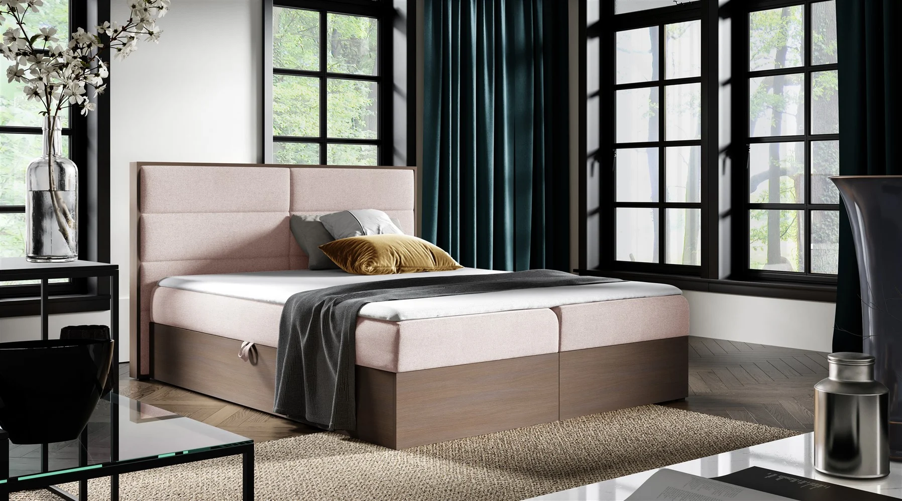 Boxspringbett Bett LAMBROS 140x200cm Dunkel Eiche Stoff Altrosa inkl. Bettkasten - Fun Moebel