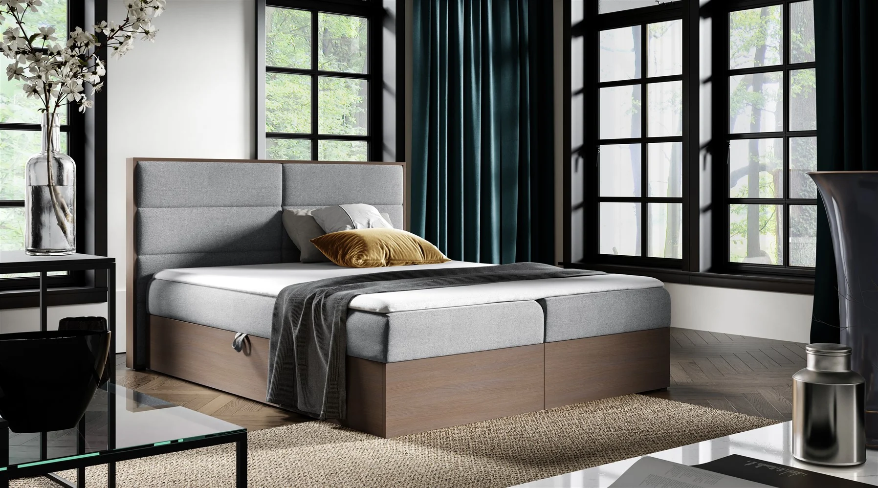 Boxspringbett Bett LAMBROS 140x200cm Dunkel Eiche Stoff Grau inkl. Bettkasten - Fun Moebel