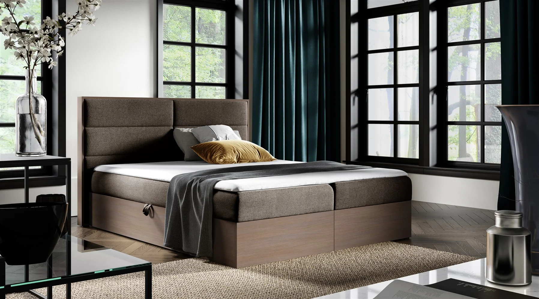 Boxspringbett Bett LAMBROS 120x200cm Dunkel Eiche Stoff Braun inkl. Bettkasten - Fun Moebel