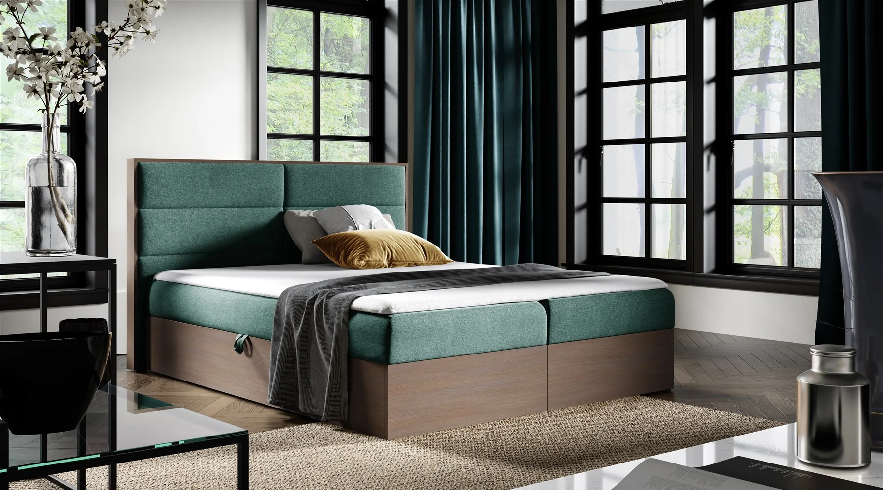 Boxspringbett Bett LAMBROS 120x200cm Dunkel Eiche Stoff Grün inkl. Bettkasten - Fun Moebel