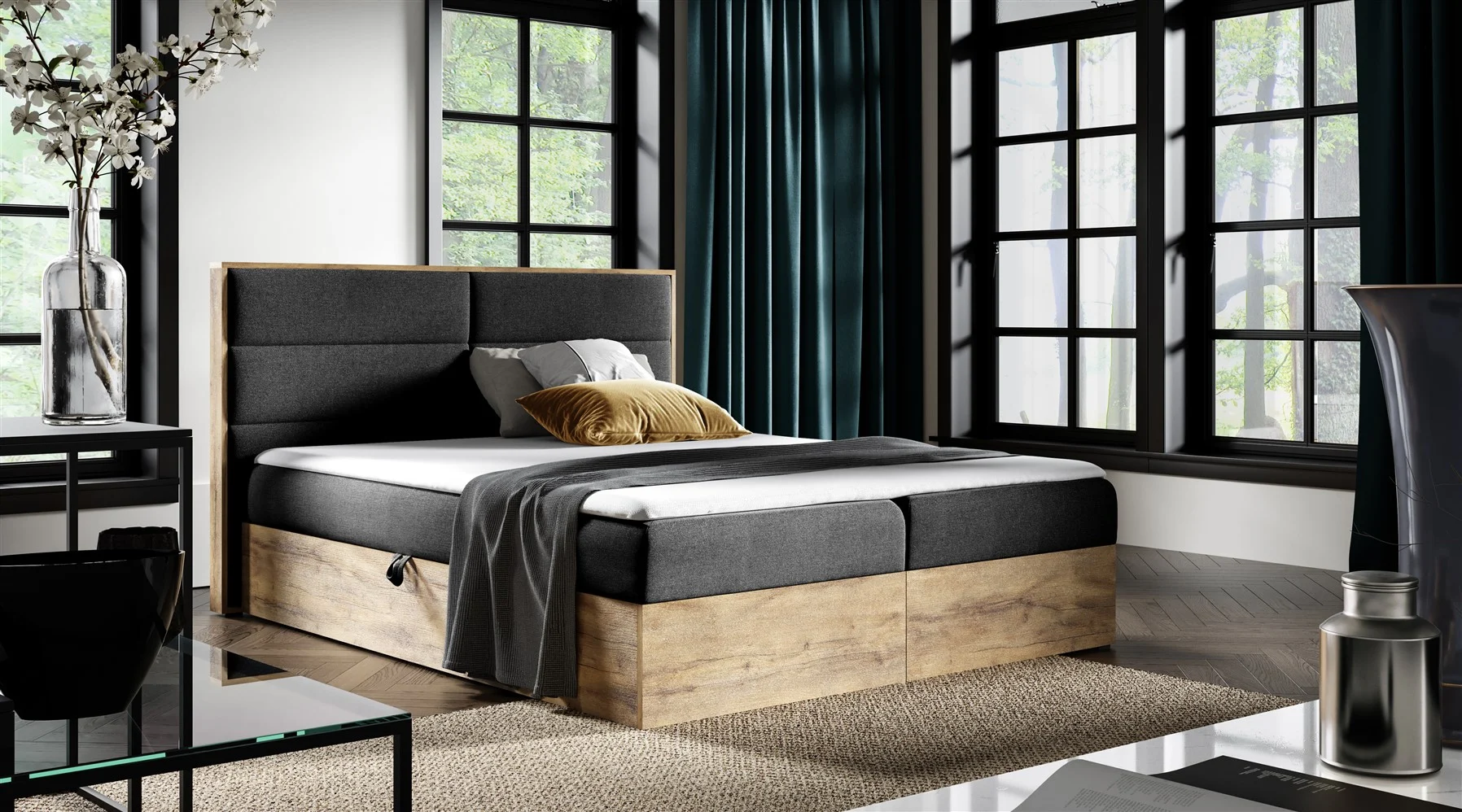 Boxspringbett Bett LAMBROS 120x200cm Lancelot Eiche Stoff Schwarz ink.Bettkasten - Fun Moebel