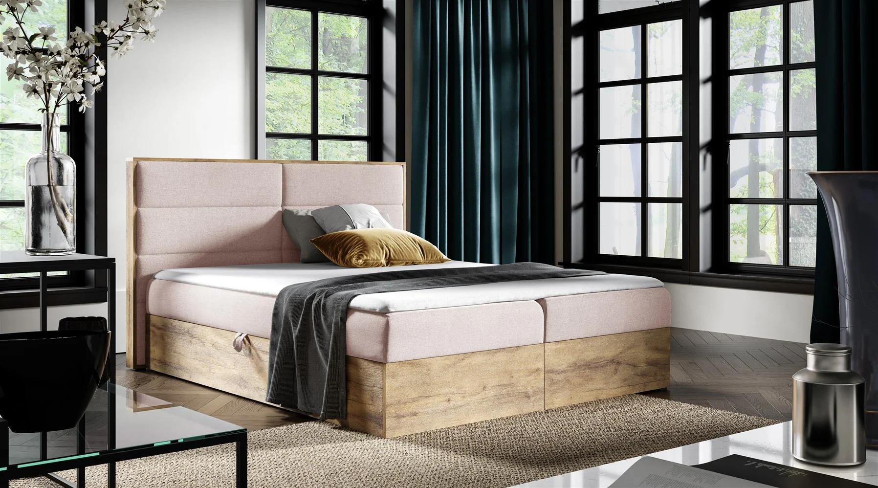 Boxspringbett Bett LAMBROS 140x200cm Lancelot Eiche Stoff Altrosa ink.Bettkasten - Fun Moebel